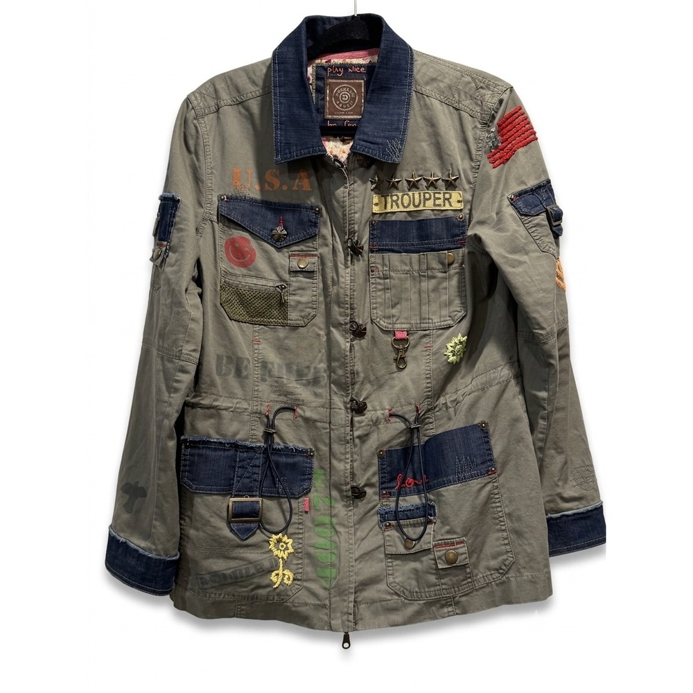 Double D Ranch Military Field Jacket Olive Green Denim Patchwork Dragon Med